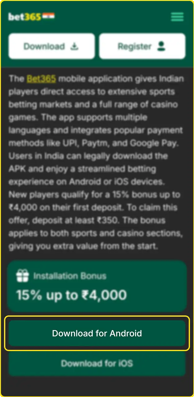 Open the official website to access the download page for Bet365.