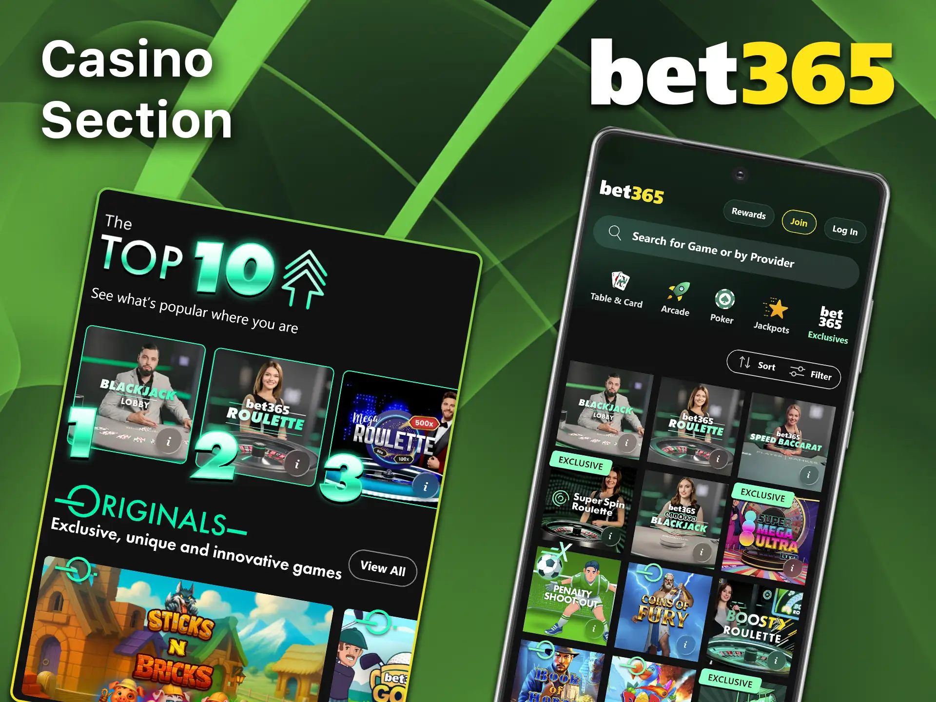 Play slots, roulette, and live dealer games in the Bet365 casino section in the app.
