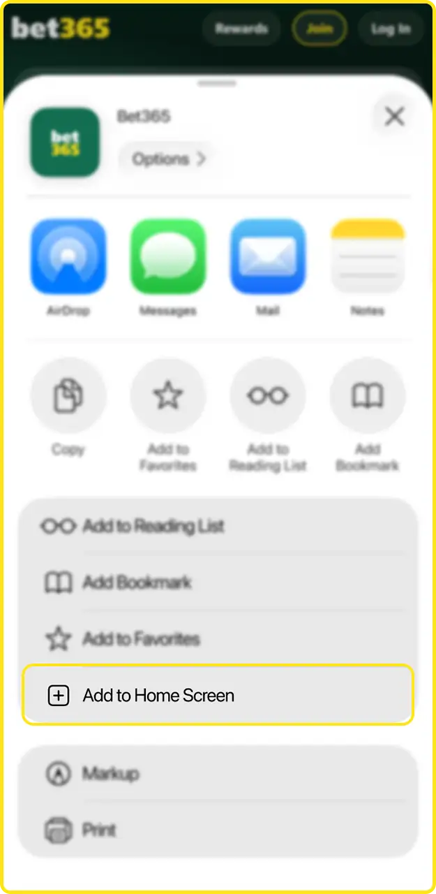 Create a quick bookmark shortcut and add to home screen for Bet365.