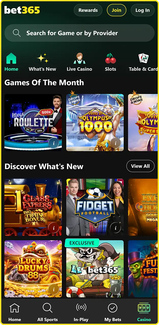 Play thousands of popular casino games on the Bet365 app.