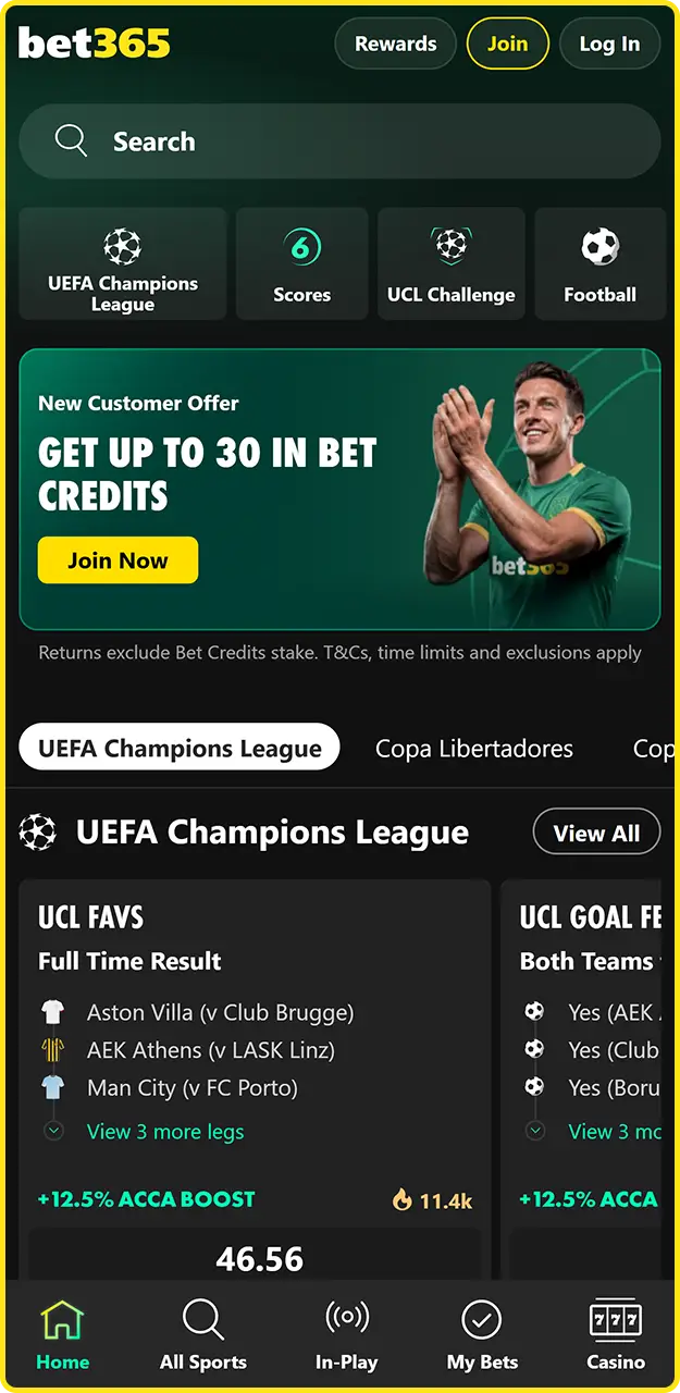 Download the Bet365 app for iOS or Android.