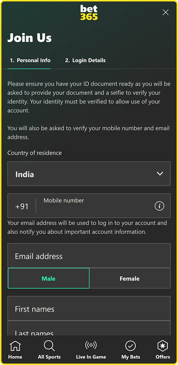 Start the registration process in the Bet365 app.