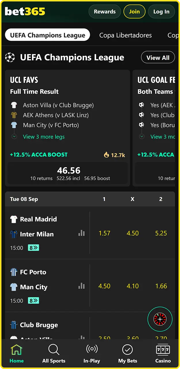 Place sports bets on the Bet365 app.