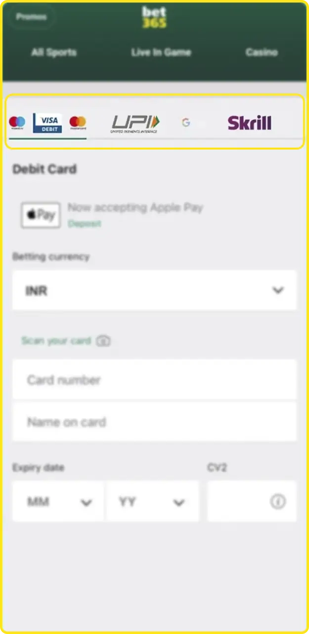 Make a deposit before playing at the Bet365 casino.