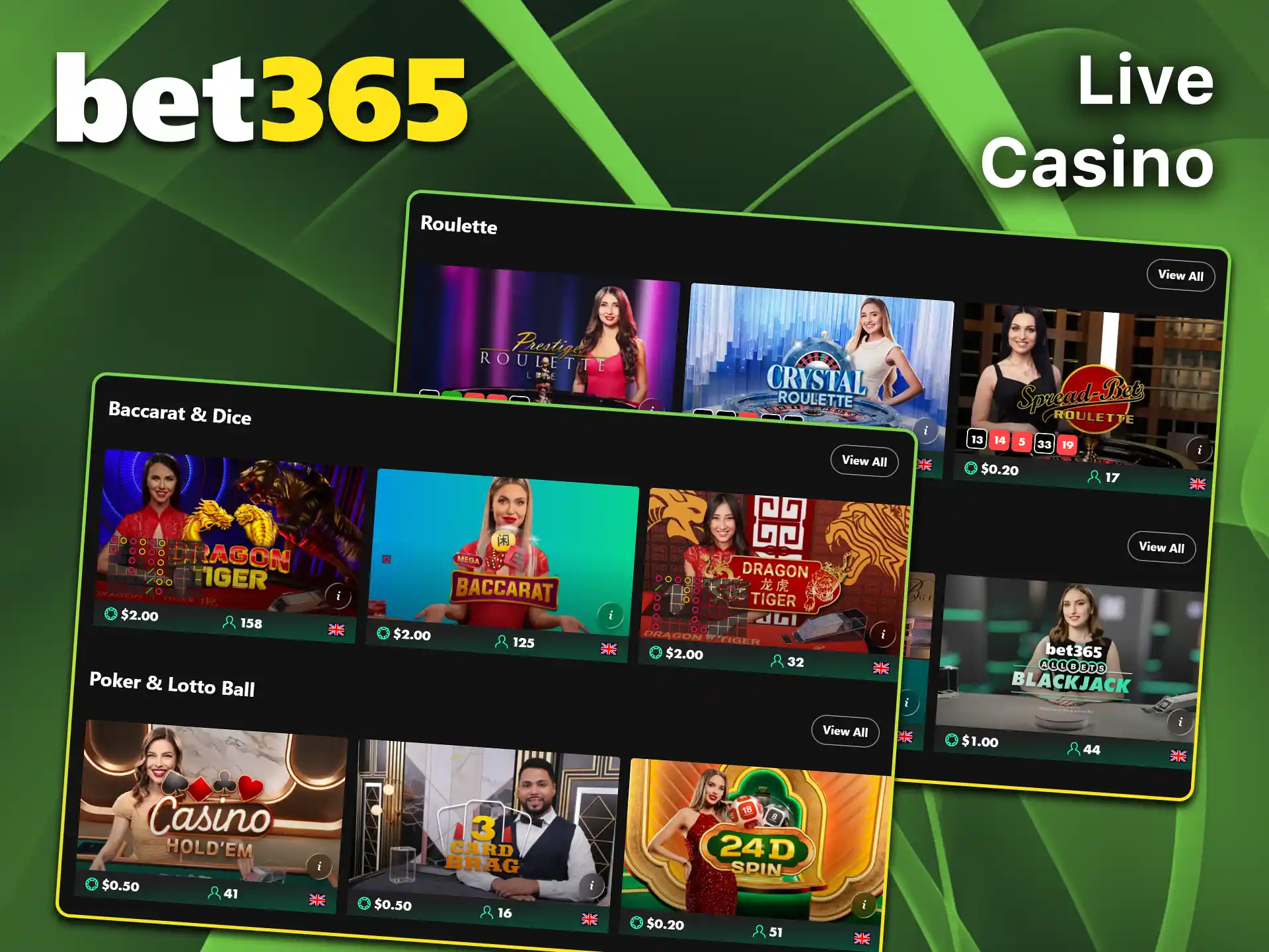 Play games hosted by professional dealers in the Bet365 live casino.