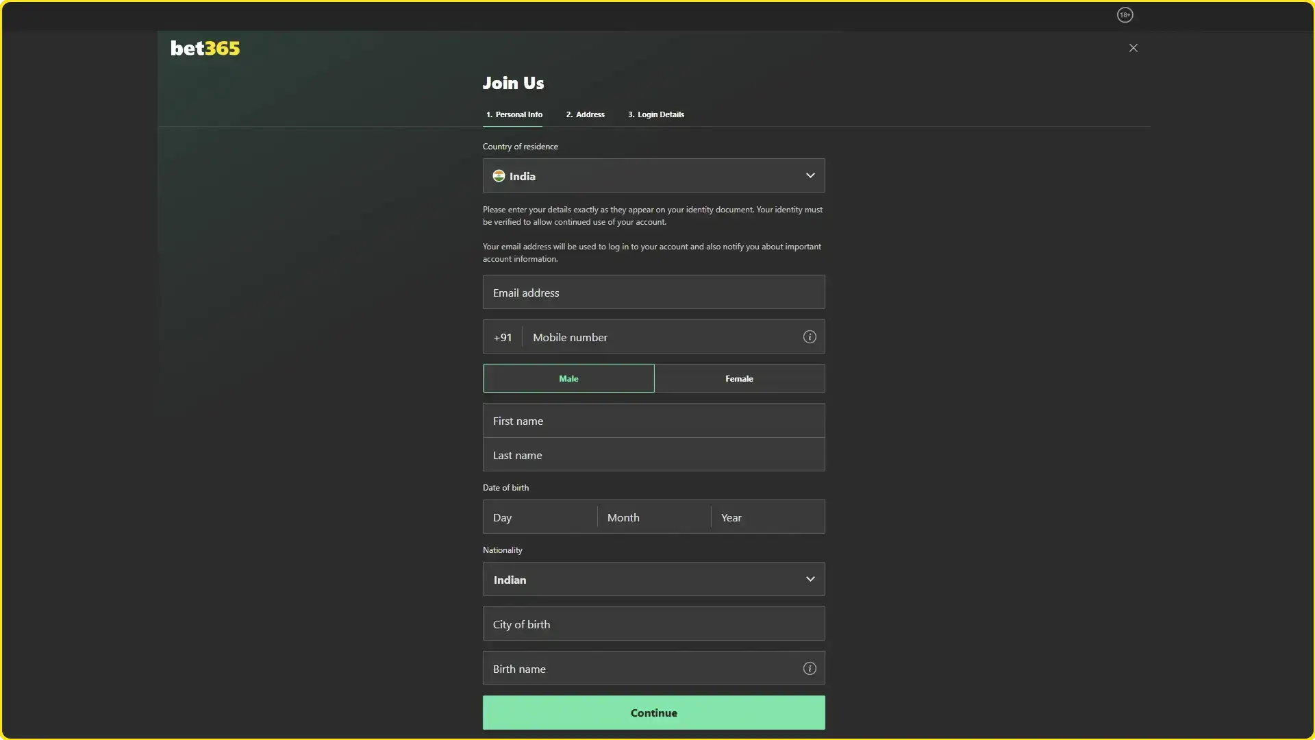 Sign up quickly on Bet365.