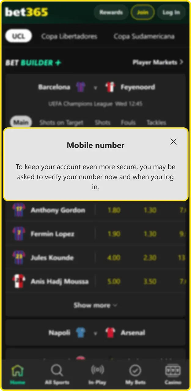 Verify your phone number on Bet365.