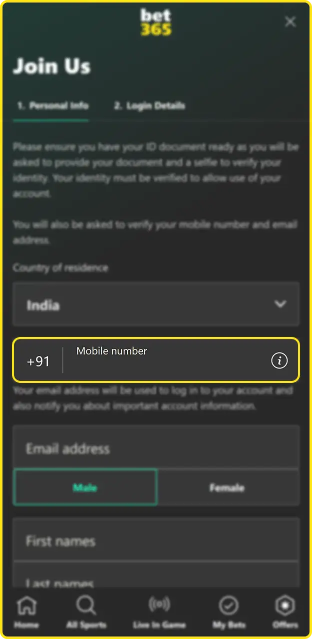 Select a method and sign up for Bet365.