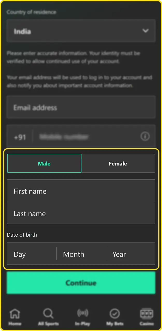 Enter your personal information when registering with Bet365.