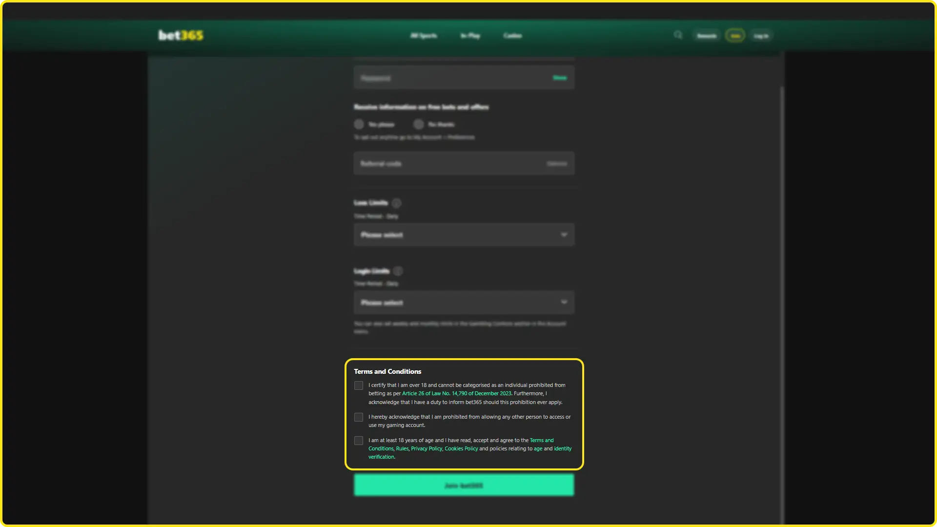 Accept the terms and conditions and complete your registration on Bet365.