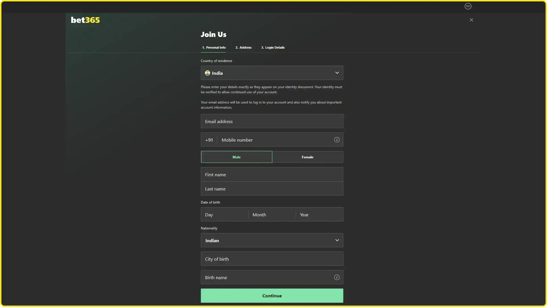 Select a registration method on Bet365.