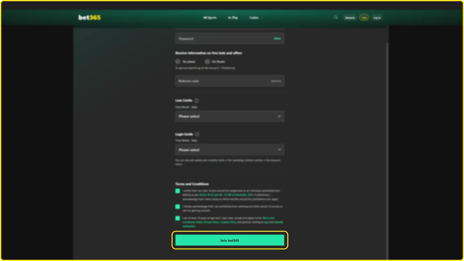 Complete your registration on Bet365.